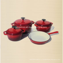 4PCS чугунная посуда в красный цвет с эмалевым покрытием